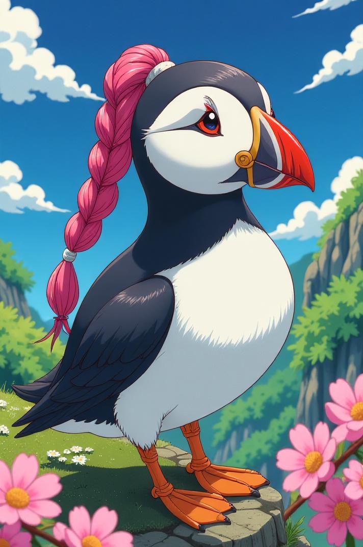 Anime style s Puffin from Avatar universe, Pony Tail Braids fuchsia hair, spring, high angle shot