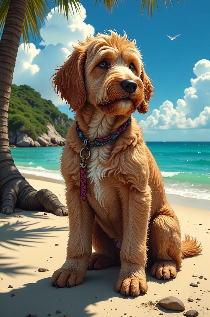Anime style s Mini Labradoodle from Pirates of the Caribbean universe, Long pear hair, summer, ground level shot