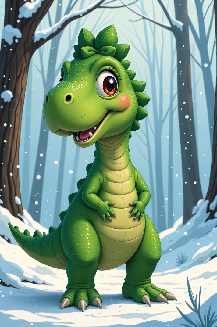 Anime style s Puertasaurus from Pixar universe, Bun pear hair, winter, full body shot