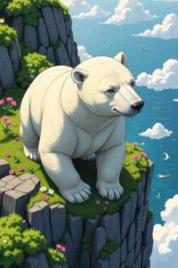 Anime style s Polar Bear from Mass Effect universe, Flat Top zucchini hair, spring, aerial view shot