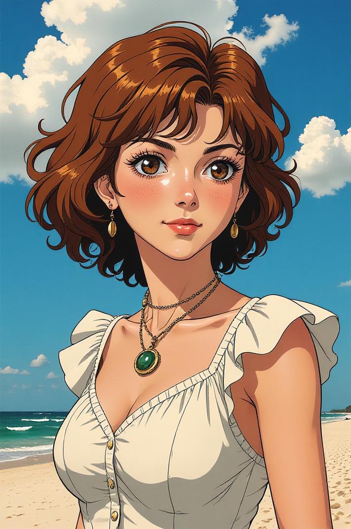 Anime style s Basset Fauve de Bretagne from Dune universe, Short Curly van dyke brown hair, summer, shoulder level shot