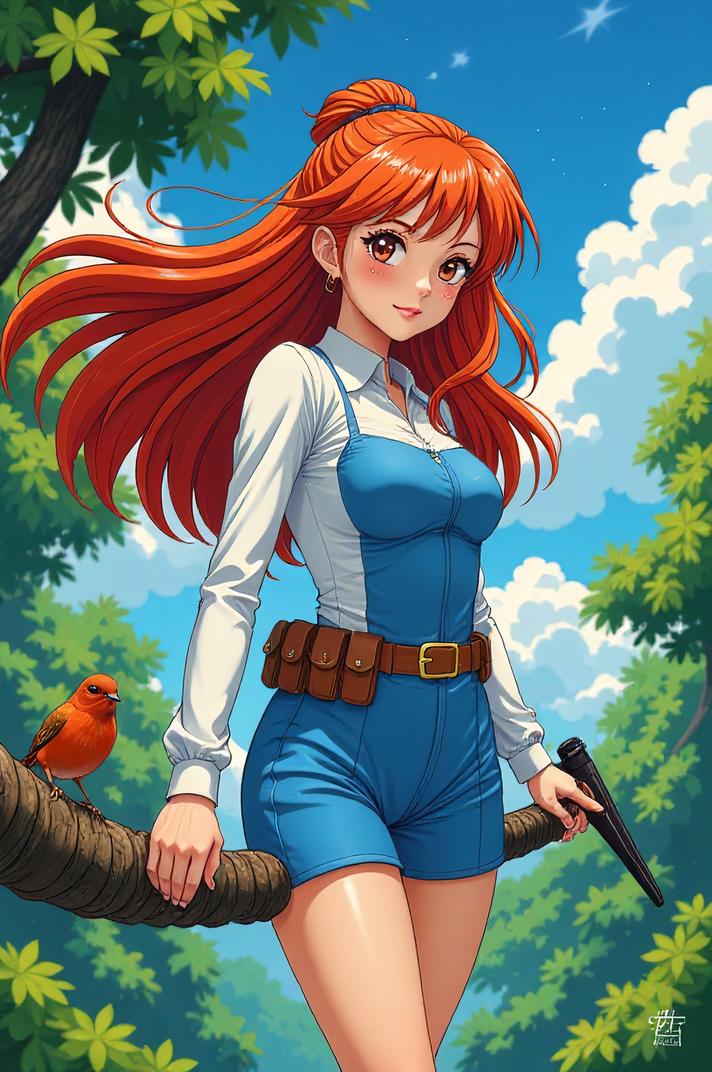 Anime style s Hammonds flycatcher from Mass Effect universe, Long papaya whip hair, spring, knee level shot