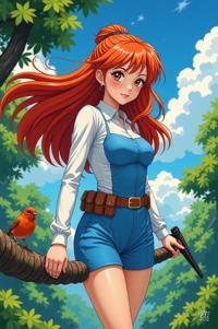 Anime style s Hammonds flycatcher from Mass Effect universe, Long papaya whip hair, spring, knee level shot