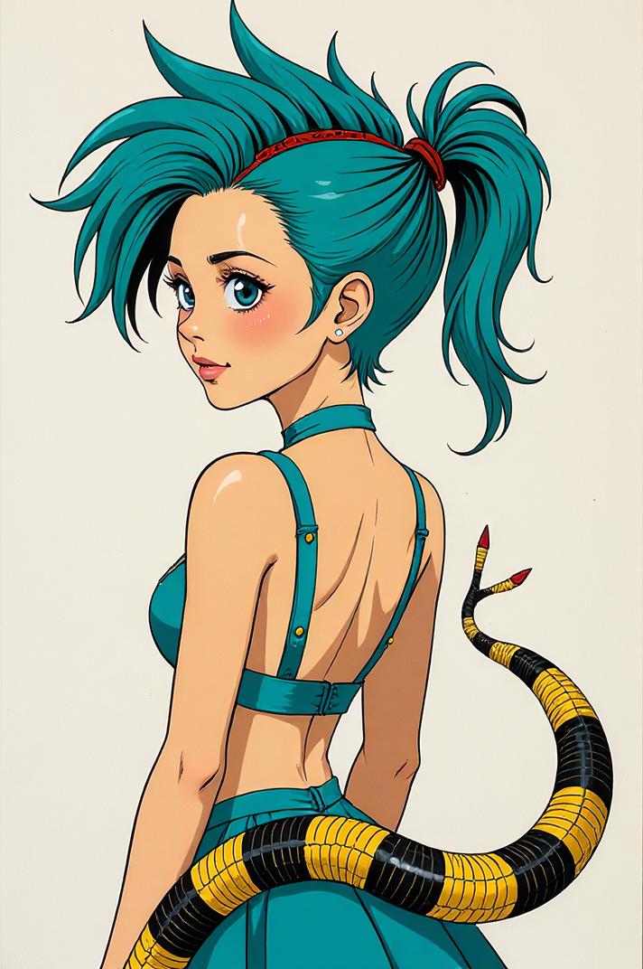 Anime style s Garter Snake from Alice s Adventures in Wonderland universe, Mohawk Flat turquoise hair, spring, Front side back three views shot