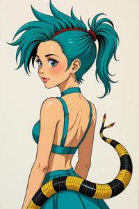 Anime style s Garter Snake from Alice s Adventures in Wonderland universe, Mohawk Flat turquoise hair, spring, Front side back three views shot