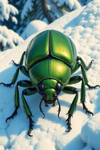 Anime style s Beetle from Alien universe, Over Eye Curly forest green hair, winter, aerial view shot