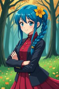 anime style masterpiece,best quality , Long Braids royal blue hair, autumn