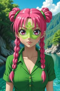 Anime style s Green Frog from Harry Potter universe, Cornrows shocking pink hair, summer, from below shot