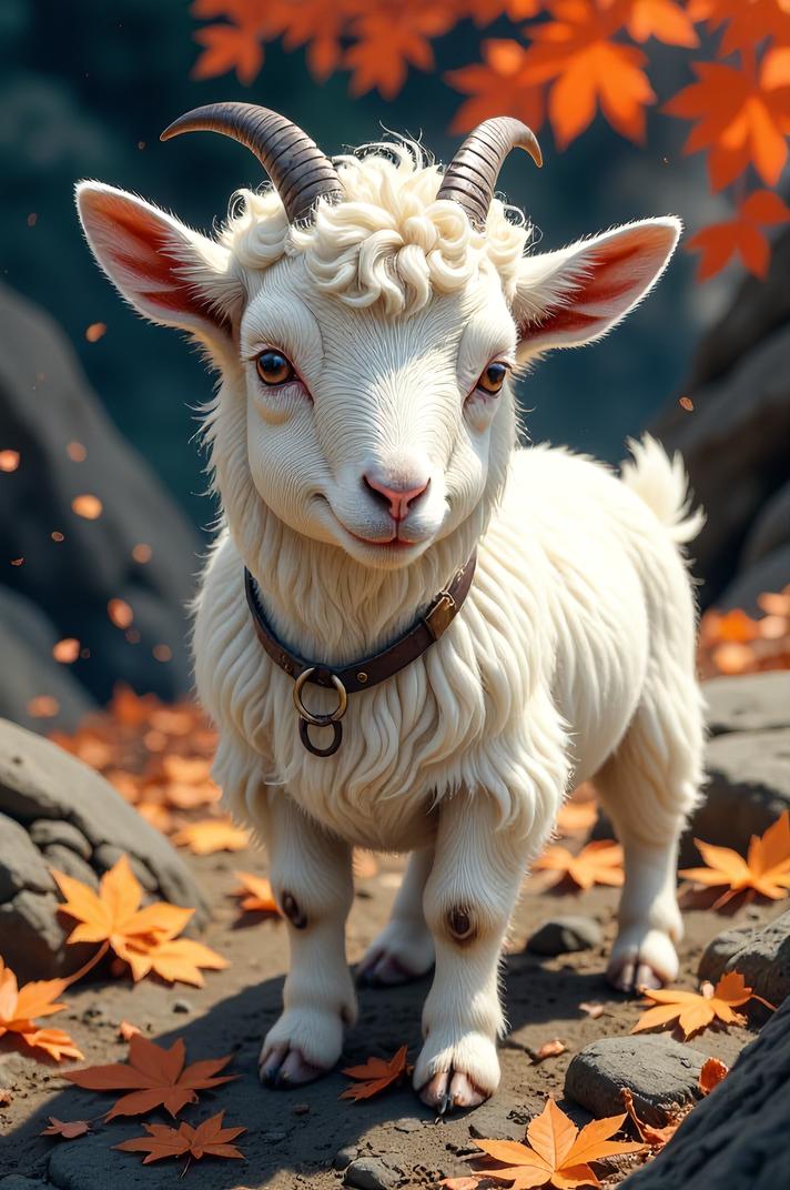 Anime style s American Pygmy Goat from Star Wars universe, Short Curly cornflower hair, autumn, from above shot