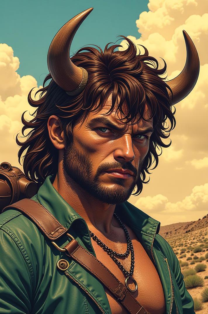 Anime style s Wood Bison from Mad Max universe, Bob olivine hair, spring, high angle shot
