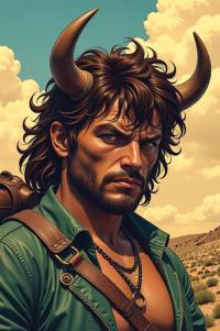Anime style s Wood Bison from Mad Max universe, Bob olivine hair, spring, high angle shot