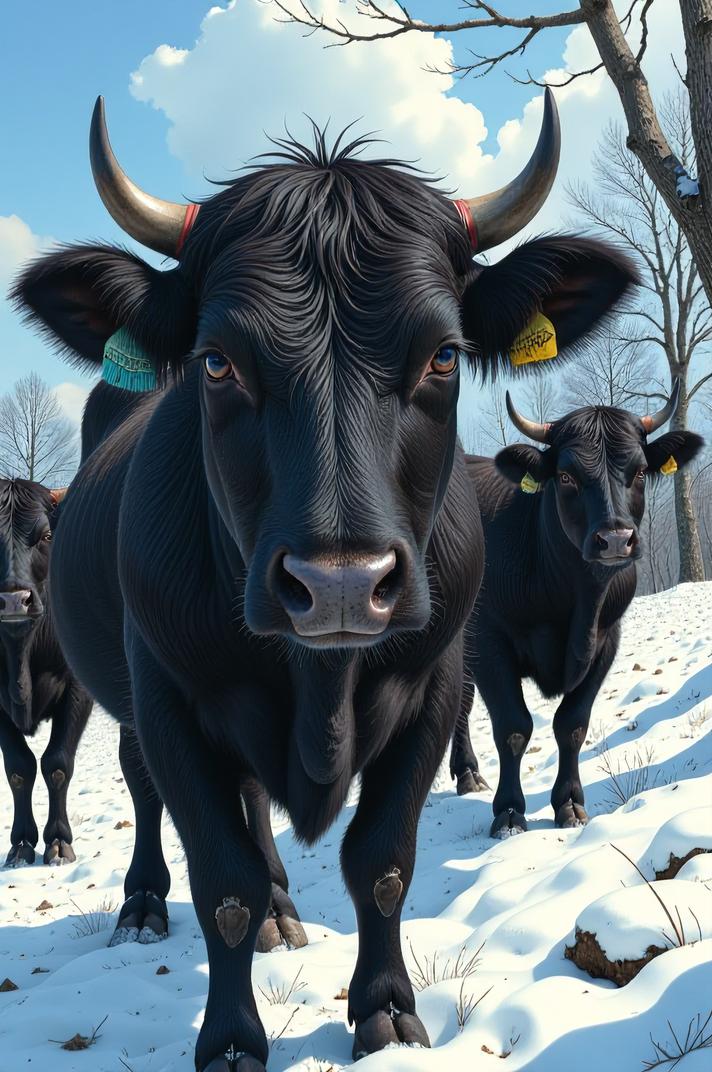 Anime style s Welsh Black Cattle from Band of Brothers universe, Grungey Parted azure hair, winter, high angle shot