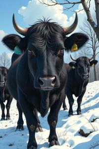 Anime style s Welsh Black Cattle from Band of Brothers universe, Grungey Parted azure hair, winter, high angle shot