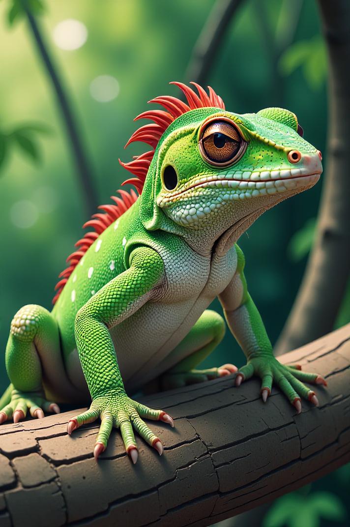 Anime style s Leaf Tailed Gecko from Narcos universe, Long Curly cardinal hair, summer, ground level shot