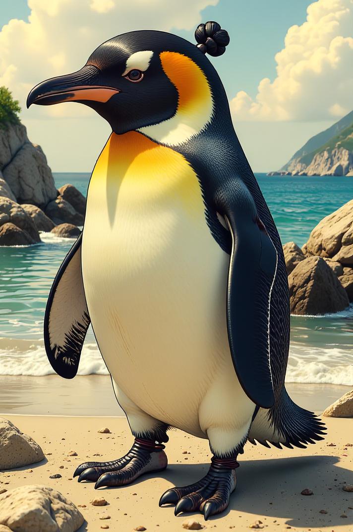 Anime style s Galapagos Penguin from GTA universe, Bun Curly saffron hair, spring, hip level shot