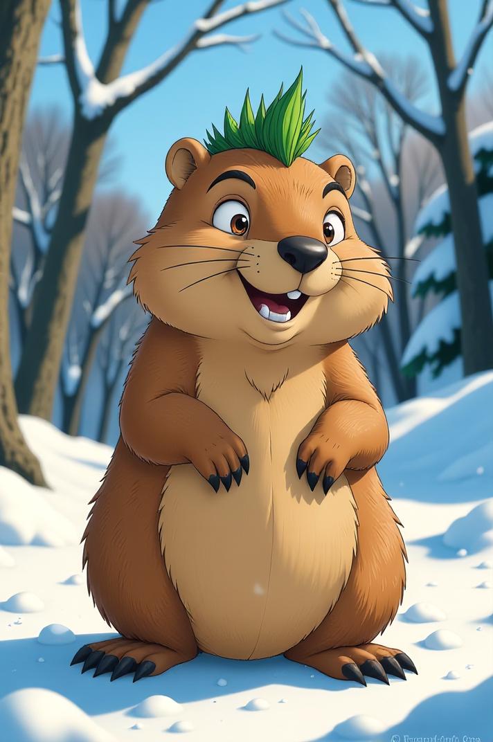 Anime style s Groundhog Woodchuck from Pixar universe, Mohawk Spike pine green hair, winter, perspective shot