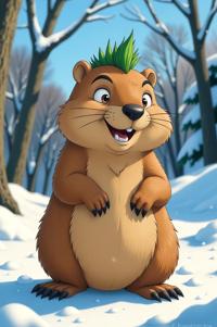 Anime style s Groundhog Woodchuck from Pixar universe, Mohawk Spike pine green hair, winter, perspective shot