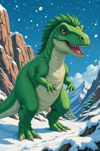 Anime style s Magyarosaurus from Vertigo universe, Right Parting emerald hair, winter, high angle shot