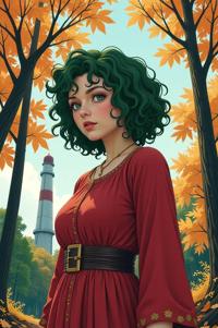 anime style masterpiece,best quality , Lob Curly green hair, autumn