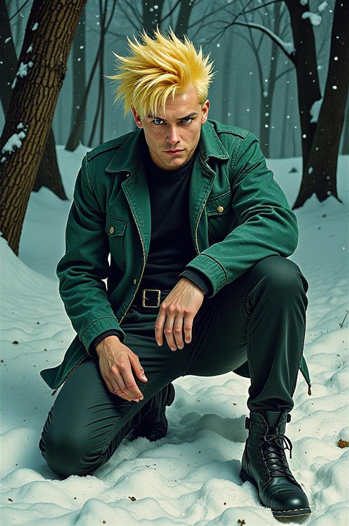 Anime style s Kaluga Sturgeon from Matrix universe, Spike lemon hair, winter, knee level shot
