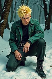 Anime style s Kaluga Sturgeon from Matrix universe, Spike lemon hair, winter, knee level shot