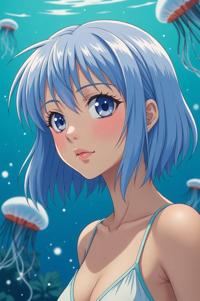 Anime style s Freshwater Jellyfish from Fifth Element universe, Over Left Eye periwinkle hair, summer, low angle shot