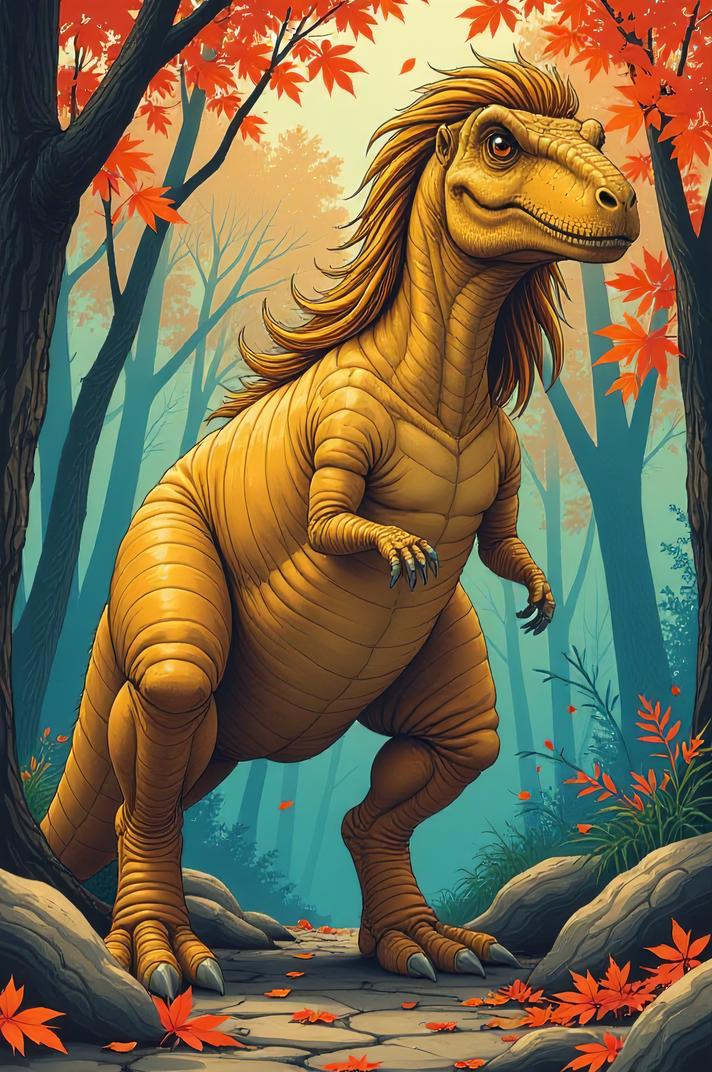 Anime style s Xiaosaurus from Kill Bill universe, Grungey Long wheat hair, autumn, from below shot