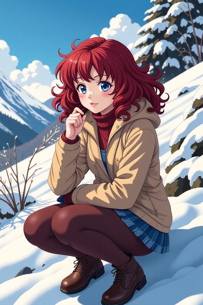 anime style masterpiece,best quality , Rachel Curly crimson hair, winter