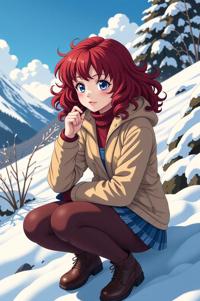 anime style masterpiece,best quality , Rachel Curly crimson hair, winter