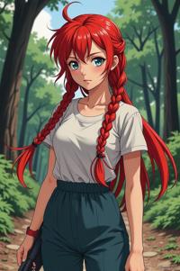 Anime style s Redstart from Mass Effect universe, Long Braids smalt hair, spring, ground level shot