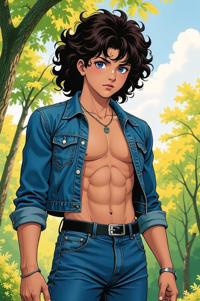 Anime style s Willow Warbler from Terminator universe, Top Curls denim hair, spring, from below shot