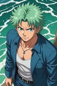 Anime style s Bull Shark from Band of Brothers universe, Bob Curly mint green hair, spring, from above shot