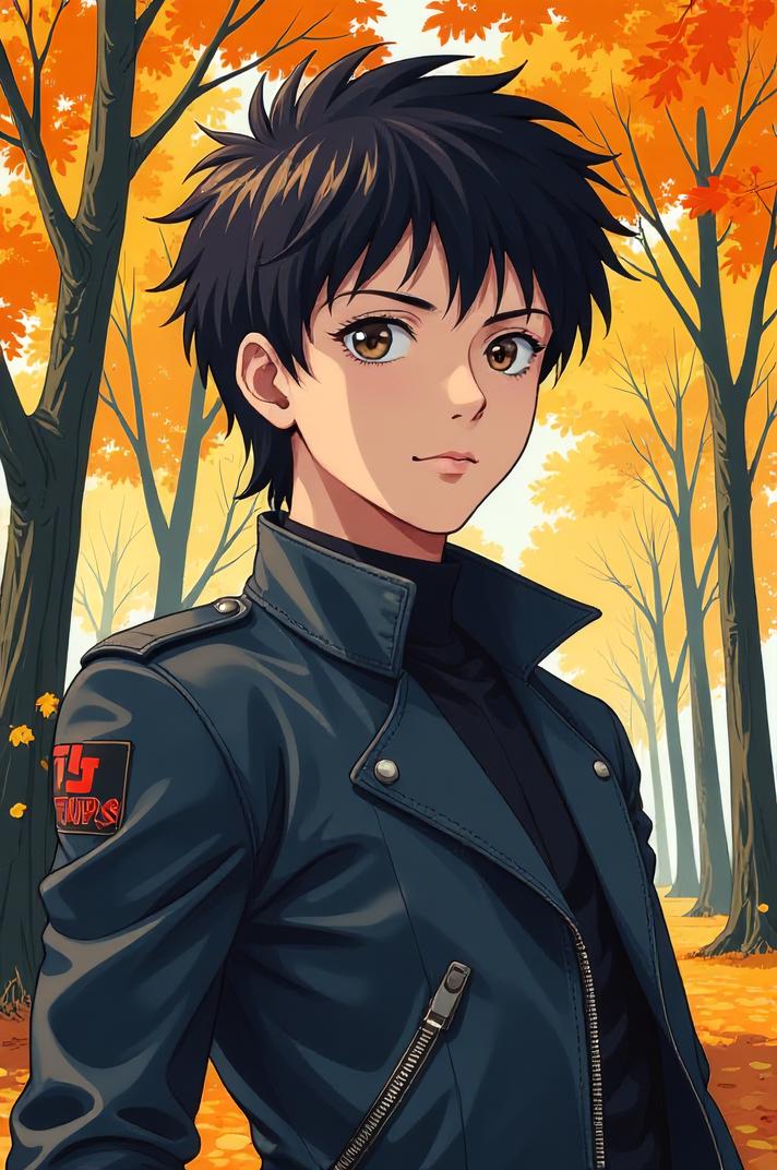 Anime style s Flycatcher from Terminator universe, Flat Top bistre hair, autumn, hip level shot