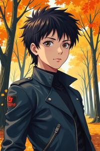 Anime style s Flycatcher from Terminator universe, Flat Top bistre hair, autumn, hip level shot