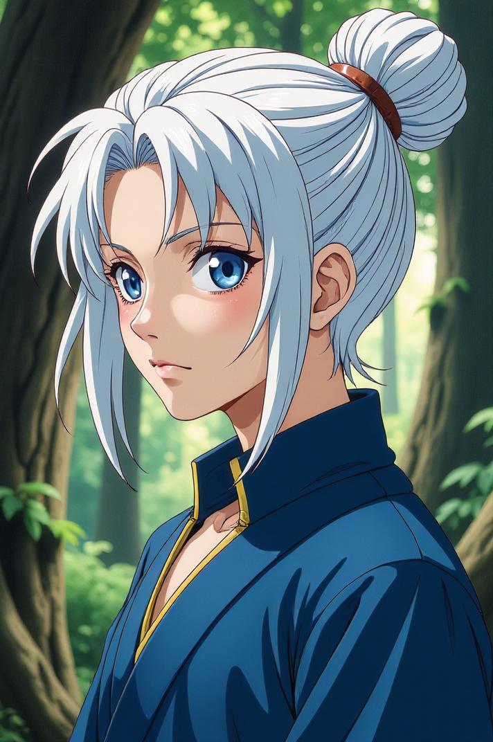 Anime style s Leech from Lord of the Rings universe, Bun titanium white hair, spring, shoulder level shot