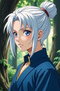 Anime style s Leech from Lord of the Rings universe, Bun titanium white hair, spring, shoulder level shot