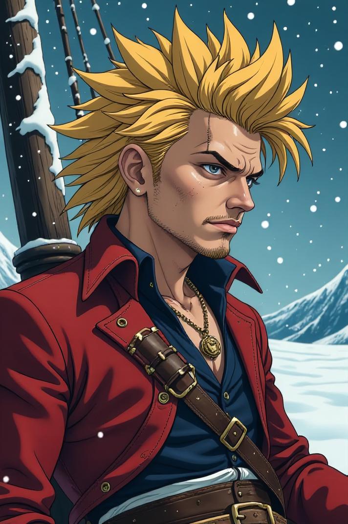 Anime style s Barbet from Pirates of the Caribbean universe, Mohawk Fan gold hair, winter, low angle shot