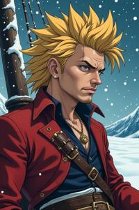 Anime style s Barbet from Pirates of the Caribbean universe, Mohawk Fan gold hair, winter, low angle shot
