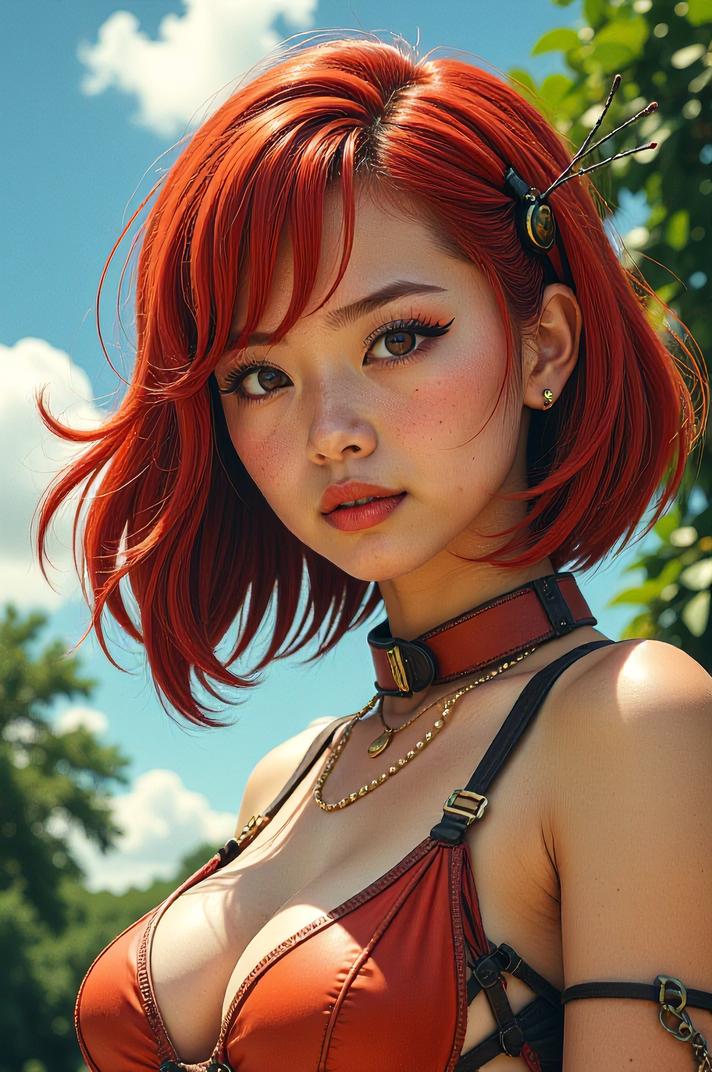 Anime style s Asian Cockroach from Warhammer , universe, Bob Curly falu red hair, summer