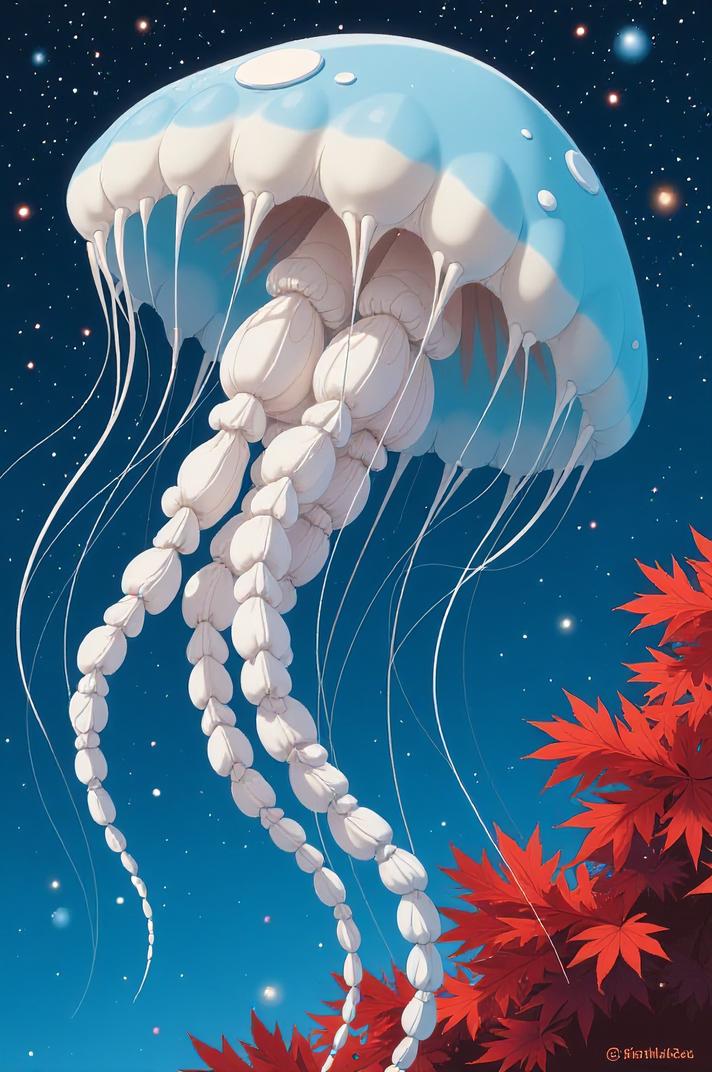 Anime style s Comb Jellyfish from Star Trek universe, Right Parting sky blue hair, autumn, from below shot