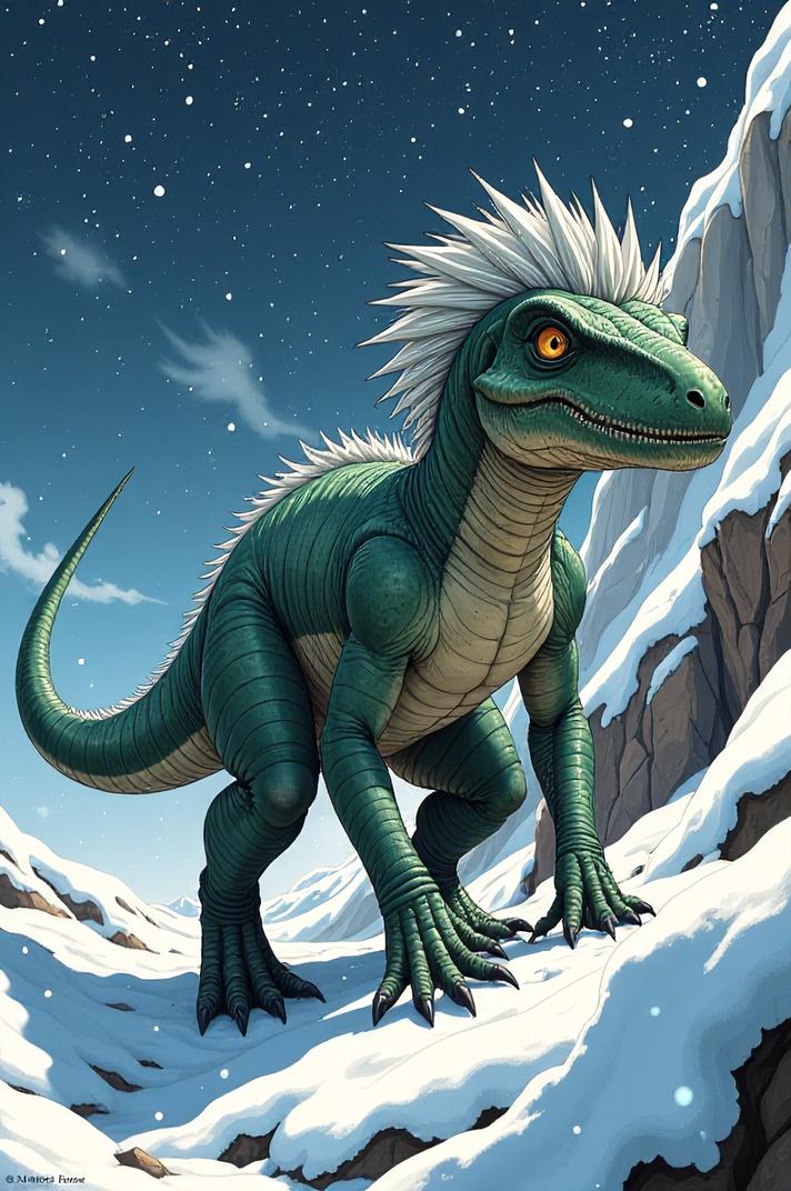 Anime style s Rhamphosuchus from Vertigo universe, Grungey quartz grey hair, winter, high angle shot