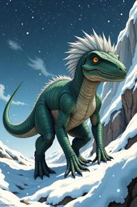 Anime style s Rhamphosuchus from Vertigo universe, Grungey quartz grey hair, winter, high angle shot