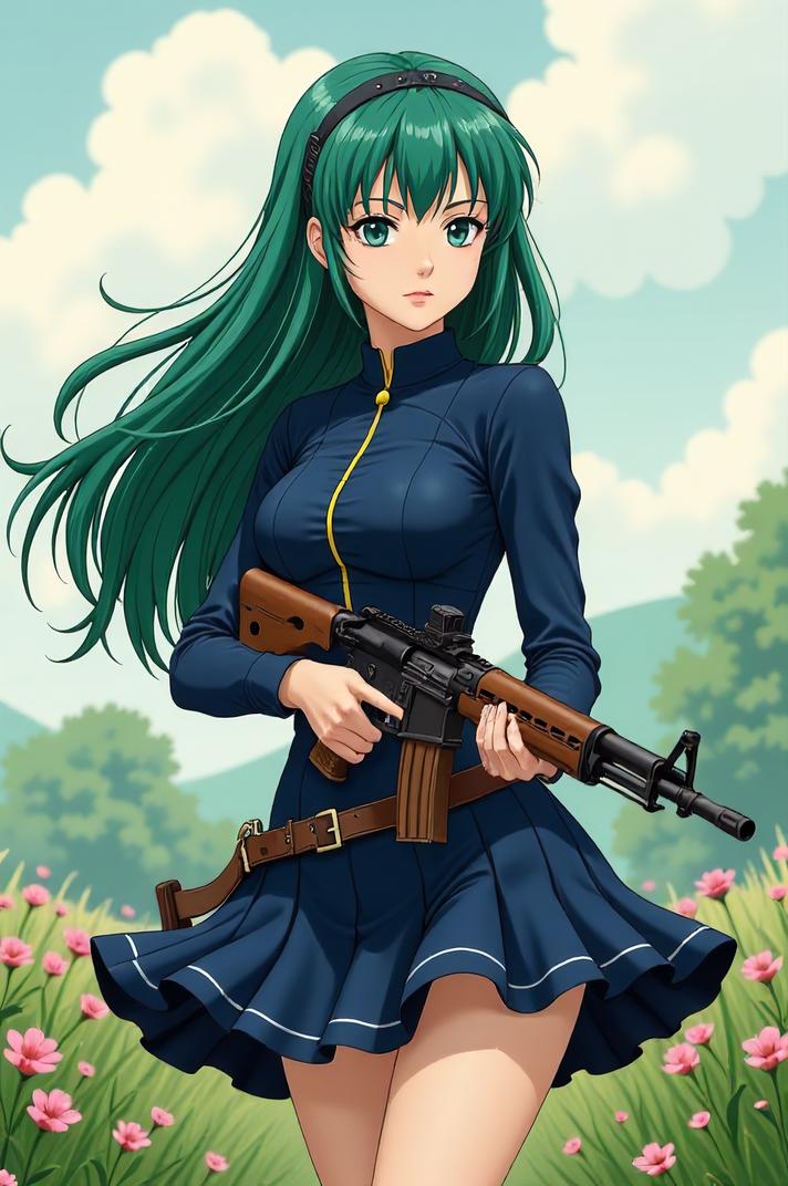 anime style masterpiece,best quality , Rachel emerald hair, spring