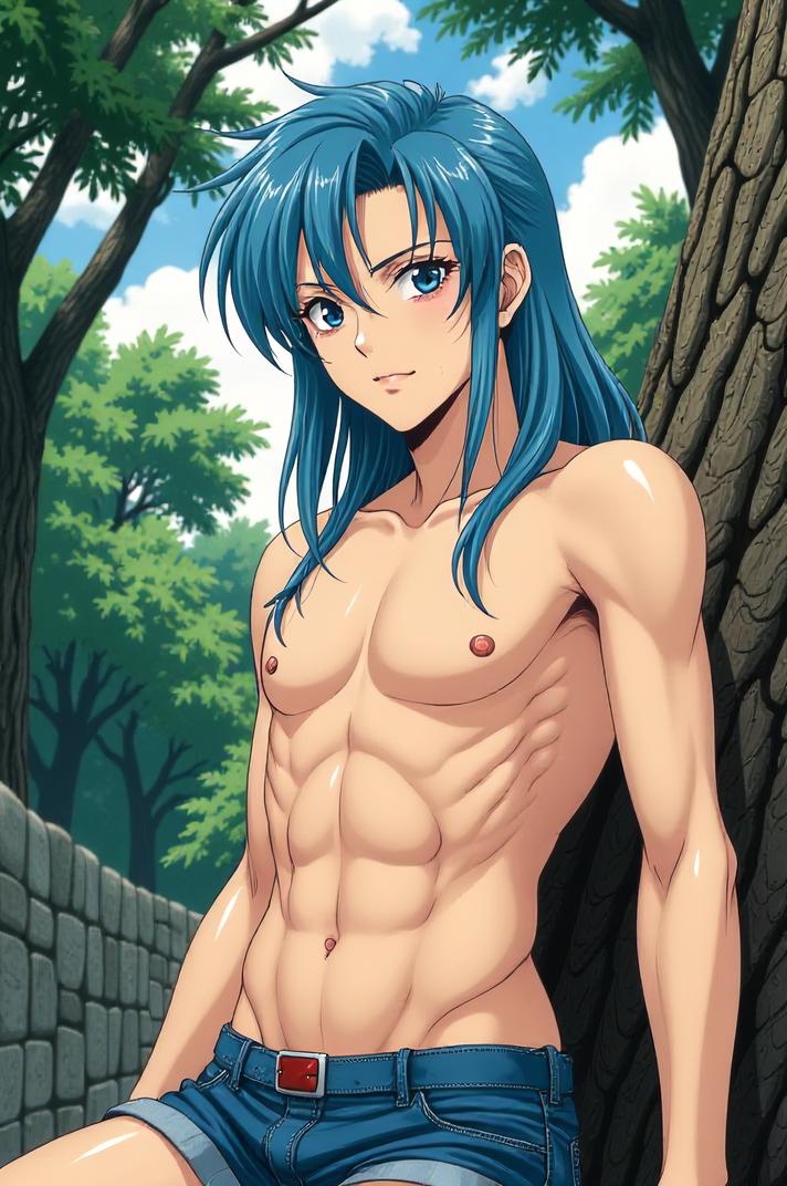 Anime style s Waterbuck from Resident evil universe, Mullet sky blue hair, summer, knee level shot