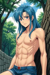 Anime style s Waterbuck from Resident evil universe, Mullet sky blue hair, summer, knee level shot