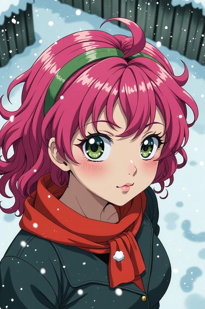 Anime style s Tomato Hornworm from Band of Brothers universe, Over Eye Curly shocking pink hair, winter, high angle shot