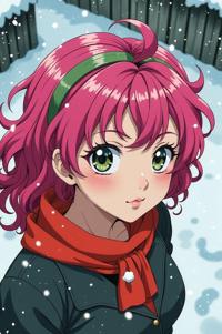 Anime style s Tomato Hornworm from Band of Brothers universe, Over Eye Curly shocking pink hair, winter, high angle shot