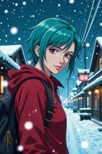 Anime style s Chinook from Resident evil universe, Greased Back aquamarine hair, winter, perspective shot
