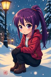 anime style masterpiece,best quality , Grungey tyrian purple hair, winter