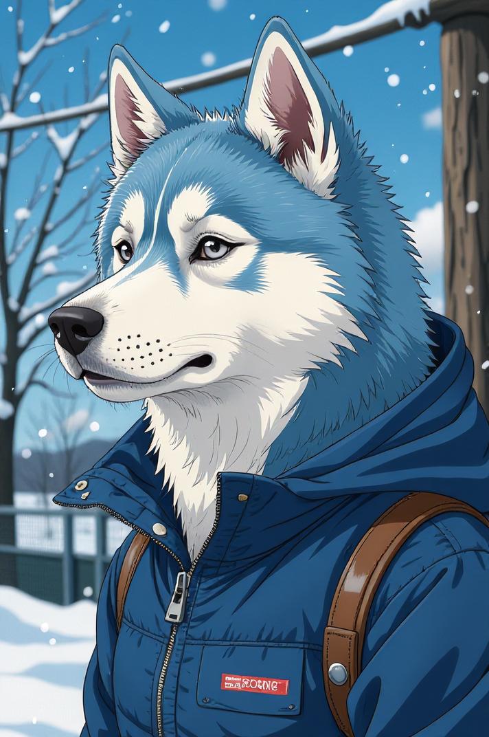 Anime style s Alaskan Husky from Prison universe, Buffont sky blue hair, winter, shoulder level shot